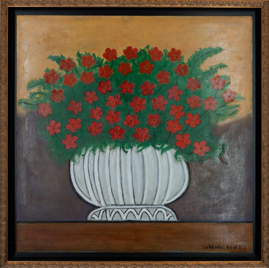 Classic Framed Floral Canvas Painting – Red Flowers Folk Art Wall Decor
