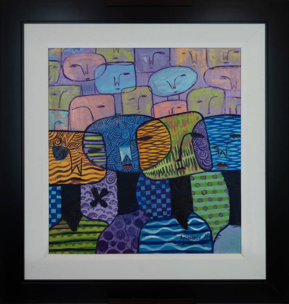 Expressionist Abstract Crowd Portrait Painting – Framed Gallery Wall Art