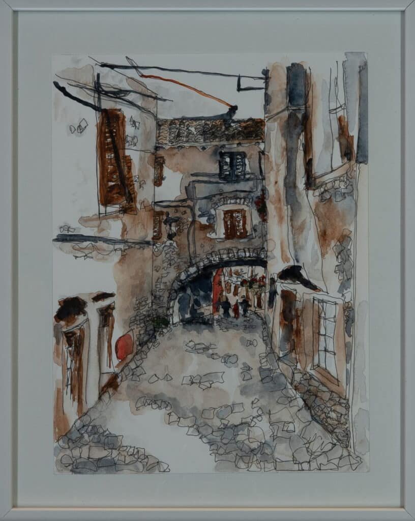 Architectural Cityscape Sketch – Framed Watercolor and Ink Depicting an ItalianSpanish Alleyway Painting Scene.