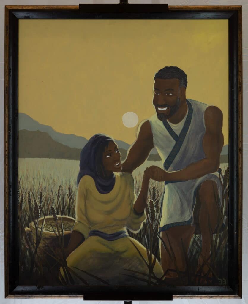 Biblical Harvest Scene Oil Painting – Framed Couple in Wheat Field Canvas Art