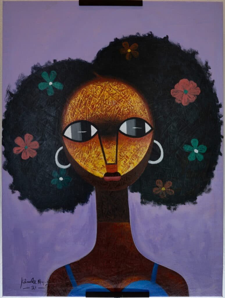 Contemporary Afro Floral Female Portrait Painting – Signed Kolawole Wall Art
