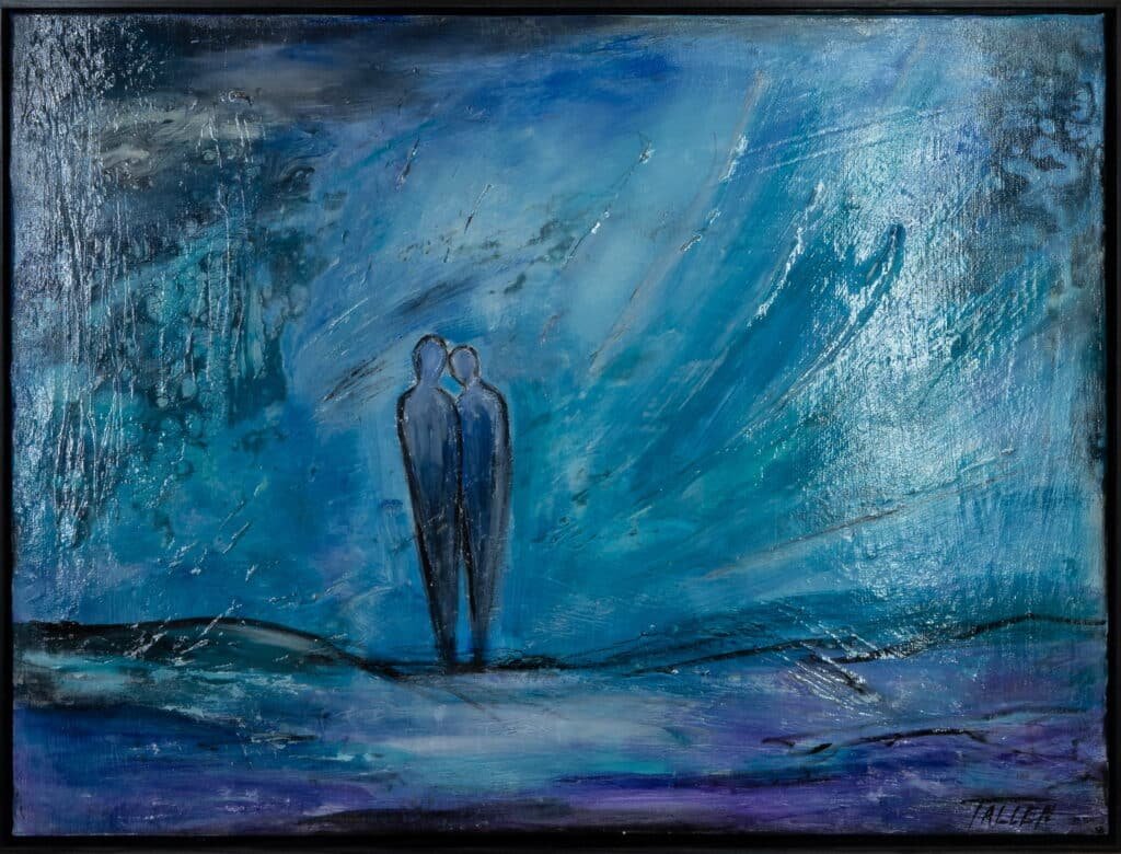 Framed Blue Expressionist Couple Art – Signed Taller Textured Painting