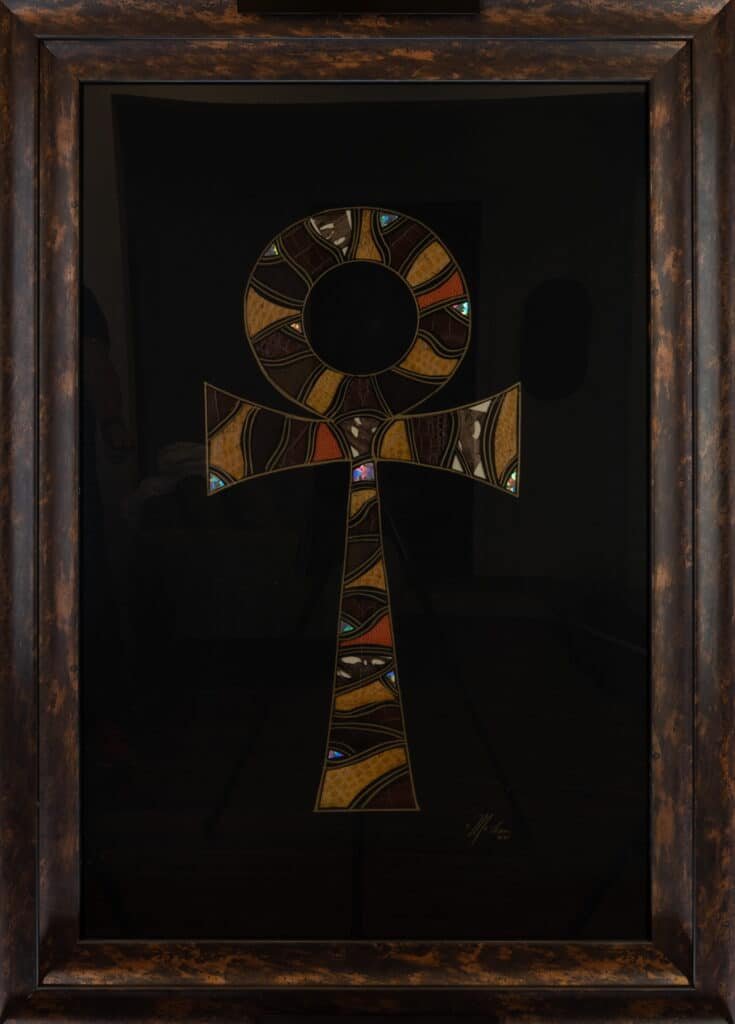 Framed Mosaic Ankh Wall Art – Egyptian Symbol Glass & Pearl Inlay Artwork