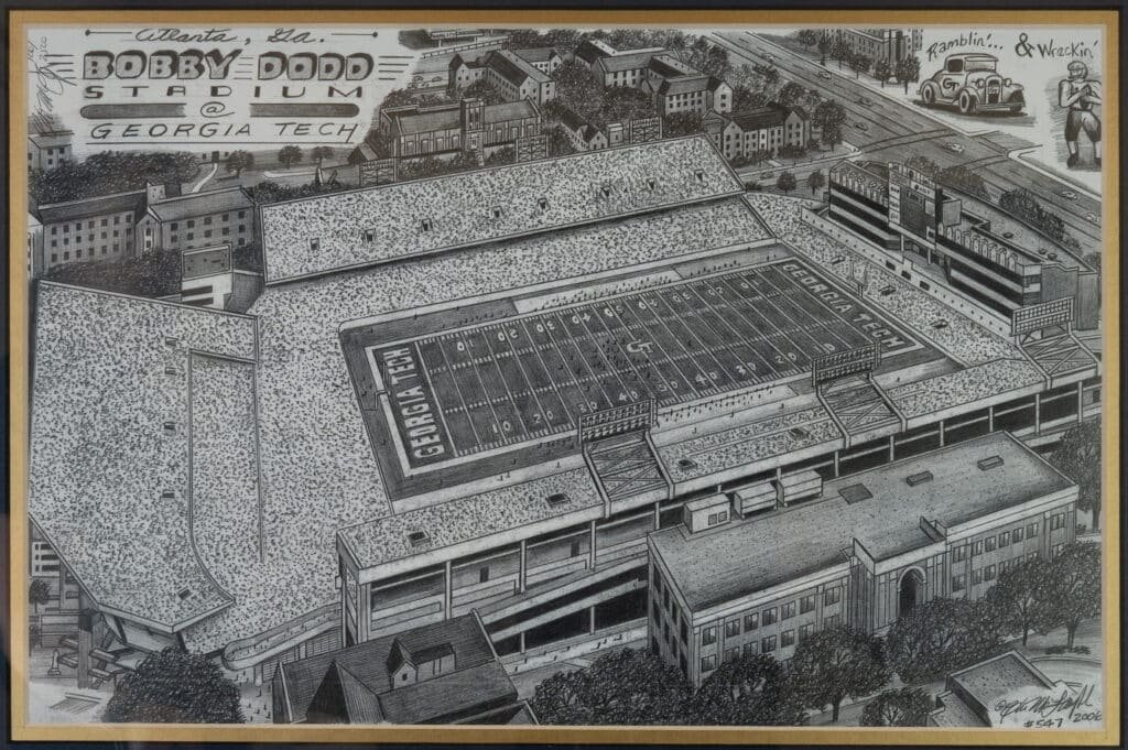 Georgia Tech Bobby Dodd Stadium Ink Drawing – Framed Campus Art (Signed 2006)