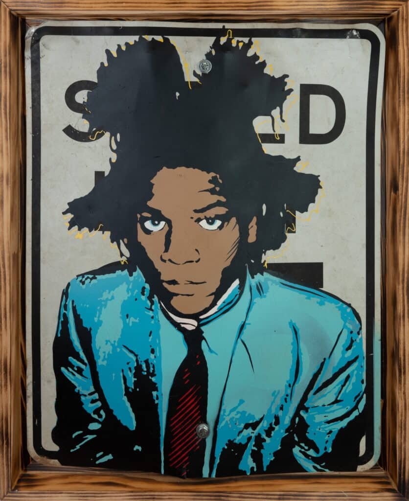 Jean-Michel Basquiat Style Portrait on Metal Speed Limit Street Sign – Rustic Framed Art