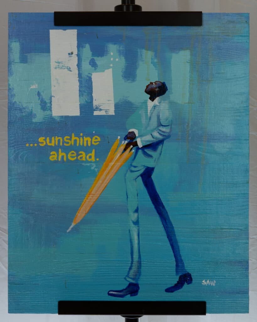Modernist figure, umbrella art, positive quote art, blue canvas art, SAM signed