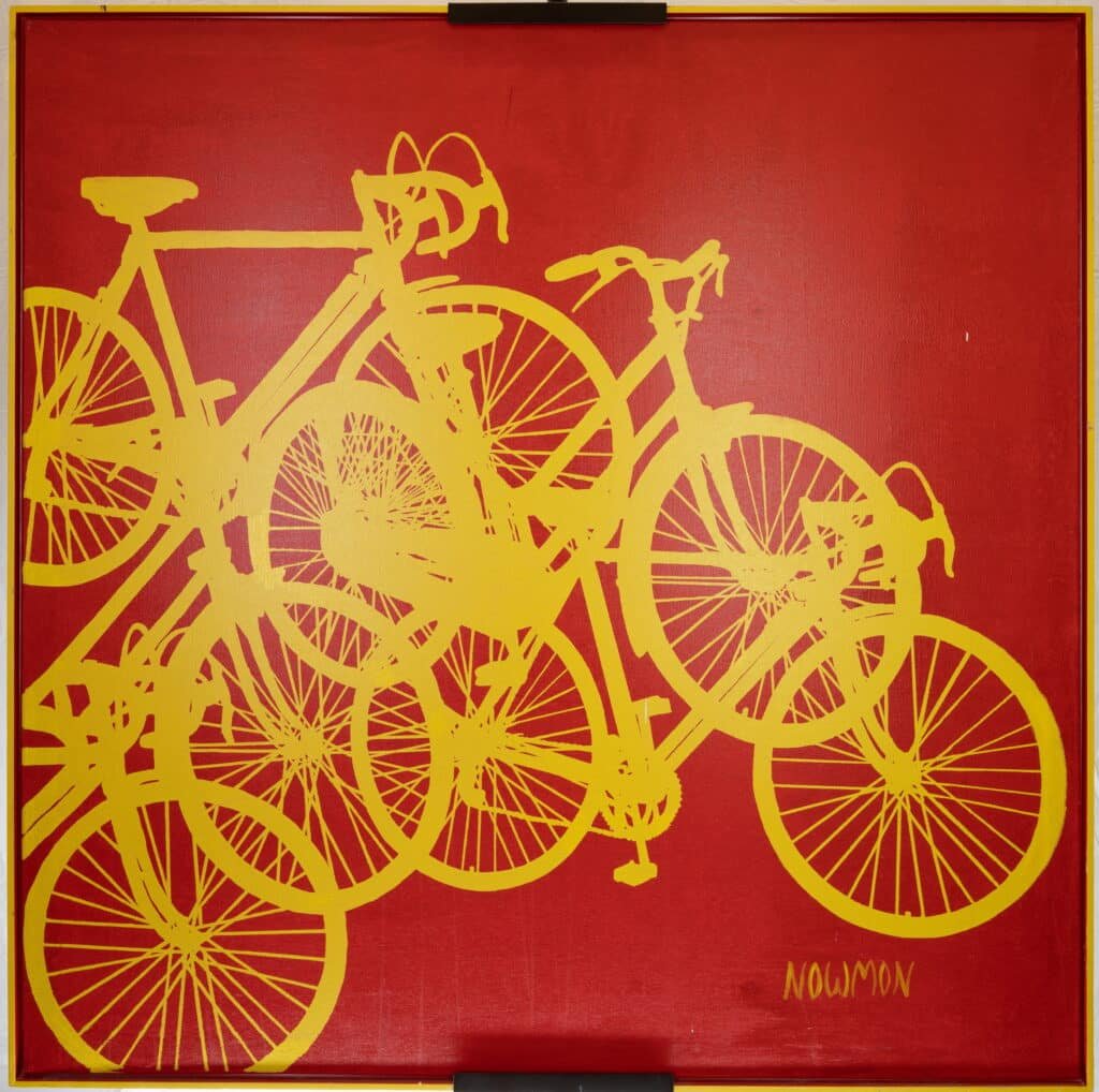 Modern Graphic Yellow Bicycle Art – Red Canvas Pop Art Painting (Signed Nowmon)