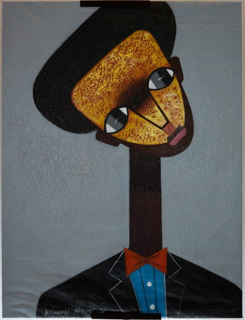 Modernist Portrait Painting in Suit & Bowtie – Signed Kolawole Canvas Art