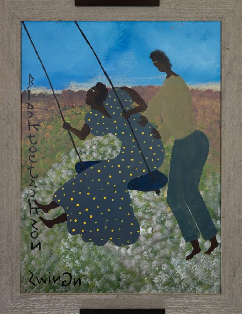 Original Folk Art Painting Blackman Swing On Swing – Framed Modernist Canvas Art