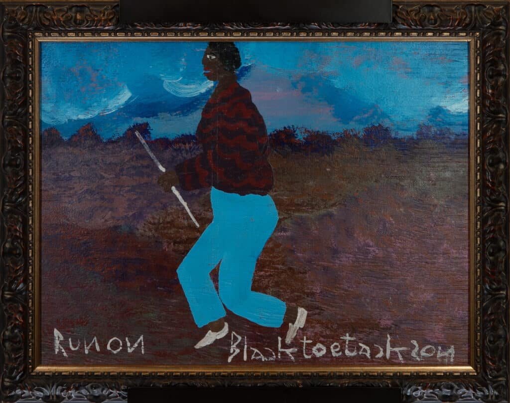 Original Folk Art Painting Run On Black – Vintage Framed Outsider Art Canvas