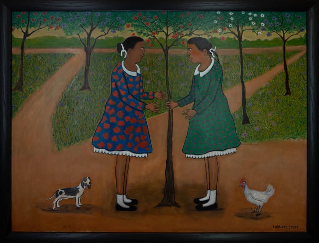 Original Lorenzo Scott Folk Art Painting – Two SistersFriends by Tree