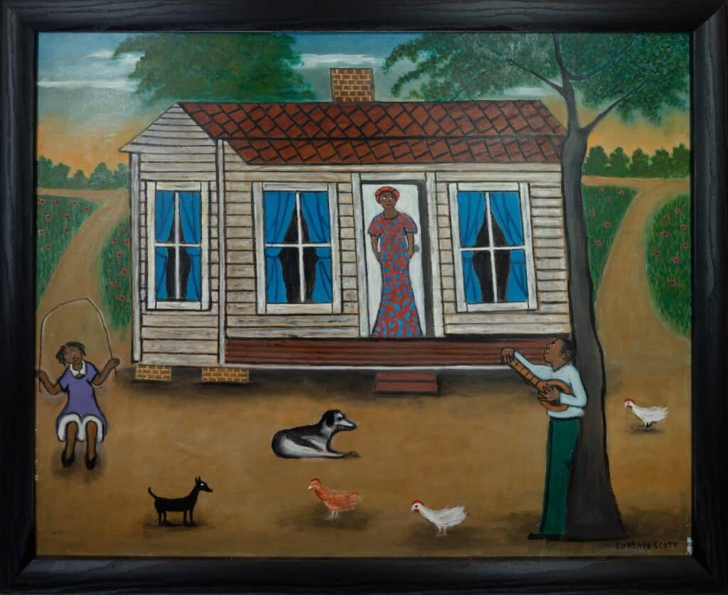 Original Lorenzo Scott Southern Rural Life Painting – House, Banjo & Country Folk Art